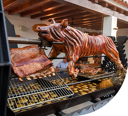 Whole pig cooking over The Beast grill
